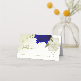 Tarjeta De Asiento flores reales azules blancas hojas verdes boda