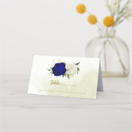 Tarjeta De Asiento flores reales azules blancas hojas verdes boda