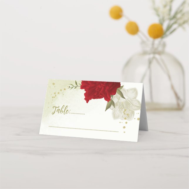 Tarjeta De Asiento flores rojas hojas verdes boda (Anverso)