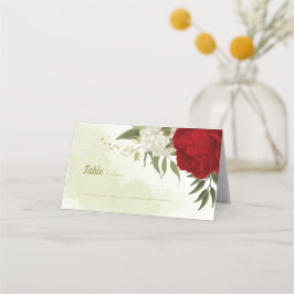 Tarjeta De Asiento flores rojas hojas verdes boda