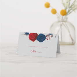 Tarjeta De Asiento flores rojas y azul marino hojas de plata grises