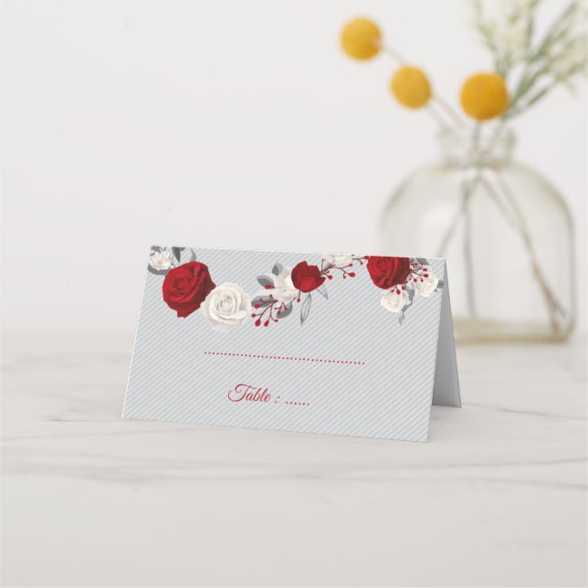 Tarjeta De Asiento flores rojas y blancas hojas de plata (Anverso)