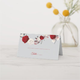 Tarjeta De Asiento flores rojas y blancas hojas de plata