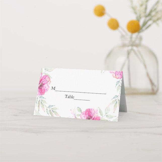 Tarjeta De Asiento Flores rosadas Botánico acuarela Desayuno de boda (Anverso)