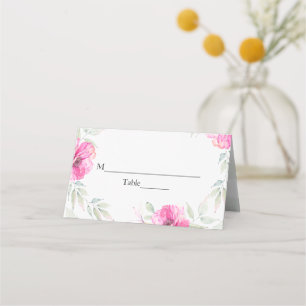Tarjeta De Asiento Flores rosadas Botánico acuarela Desayuno de boda