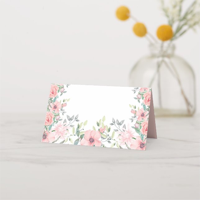 Tarjeta De Asiento Flores Rosadas de Rubor Hojas Verde Salvia Primave (Anverso)