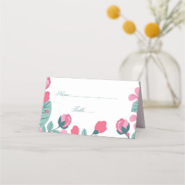 Tarjeta De Asiento Flores rosadas románticas y hojas verdes