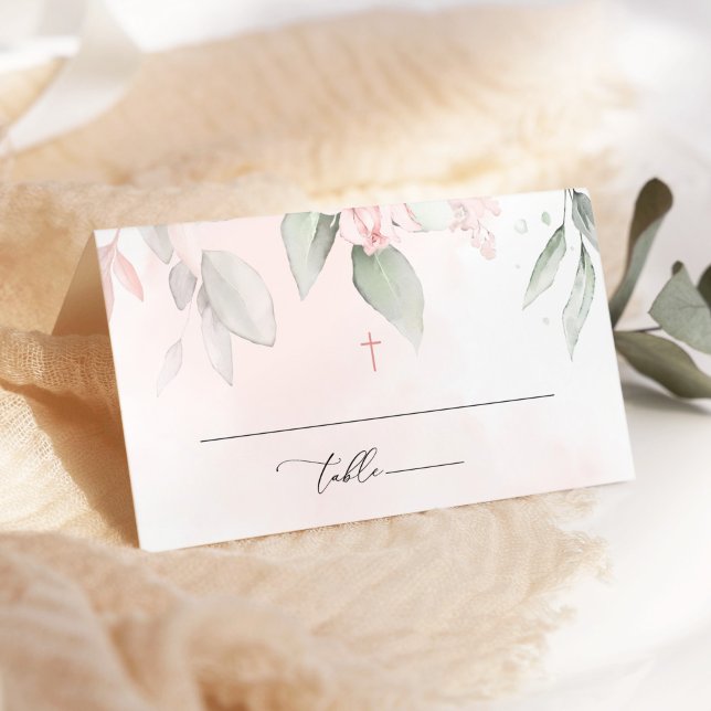 Tarjeta De Asiento Flores rosadas sonrojadas, Verdor, Boho, Bautizo f (Subido por el creador)