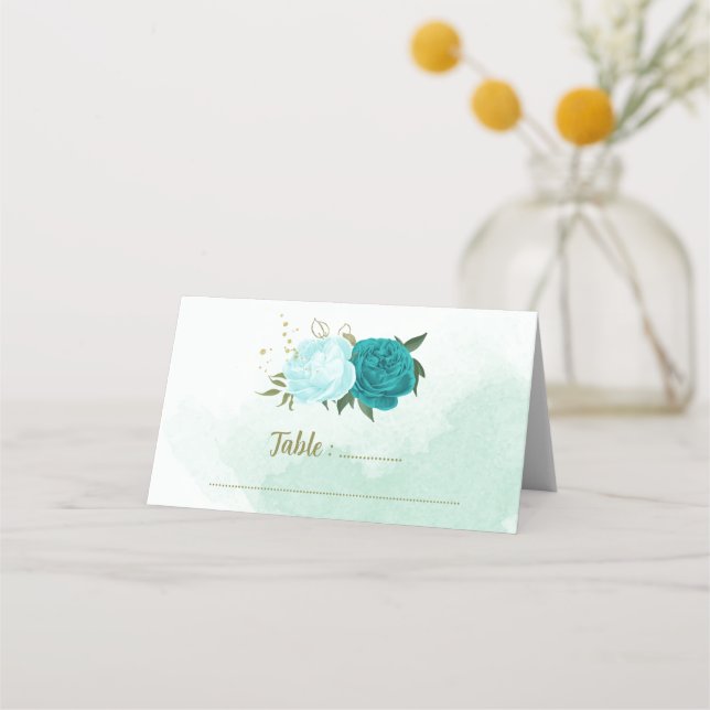 Tarjeta De Asiento flores turquesas hojas verdes (Anverso)