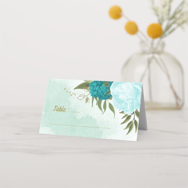 Tarjeta De Asiento flores turquesas hojas verdes (Anverso)