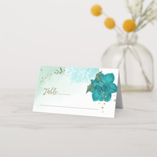 Tarjeta De Asiento flores turquesas hojas verdes (Anverso)