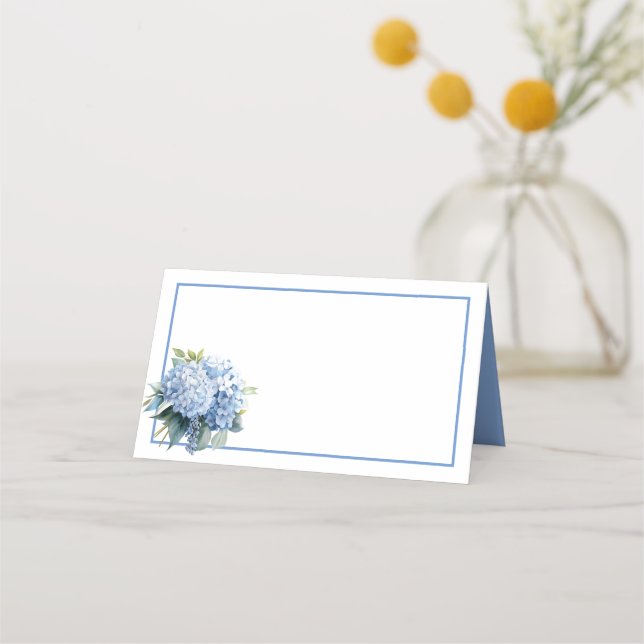 Tarjeta De Asiento Folded Name Place Card-Blue Hydrangeas (Anverso)