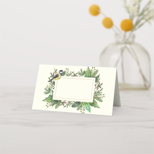 Tarjeta De Asiento Foliage acuarela con pájaro | Día festivo (Reverso)