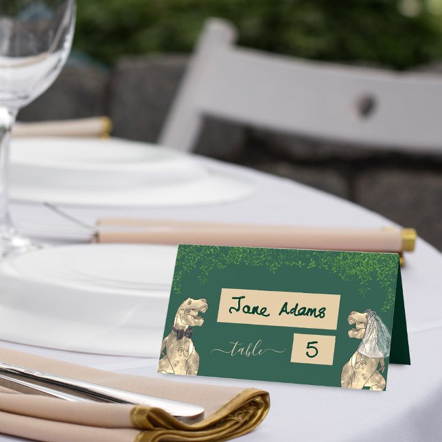 Tarjeta De Asiento Foliage del Boda temático Dinosaur (Dinosaur wedding dark green table place card t-Rex bride and groom Watercolor eucalyptus foliage)