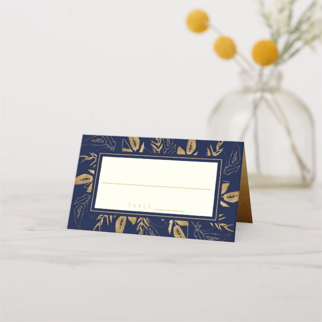 Tarjeta De Asiento Foliage dorado | Elegante Boda Azul de la Marina d (Anverso)