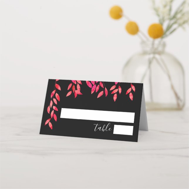 Tarjeta De Asiento Foliage rosa caliente en Boda negro (Anverso)