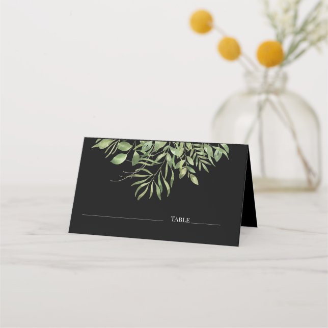 Tarjeta De Asiento Foliage simple | Negro | Diseño de Bodas verdes (Anverso)