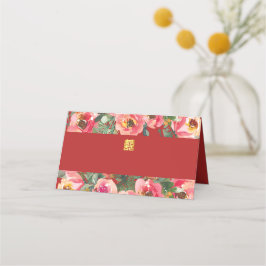 Tarjeta De Asiento Fondo de flores rosadas símbolo de doble felicidad