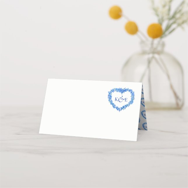 Tarjeta De Asiento Forget me not heart art monogram wedding blue (Anverso)