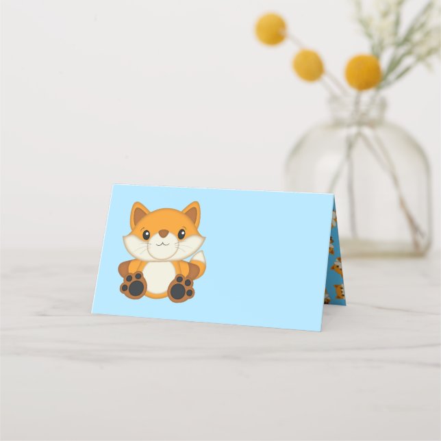 Tarjeta De Asiento Fox Baby Shower Blue Woodland (Anverso)