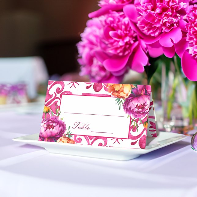 Tarjeta De Asiento Fuchsia Majolica azulejos magenta boda (Fuchsia Majolica tiles magenta peonies wedding Place Card personalized table decor)
