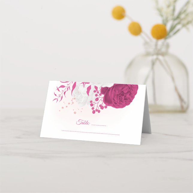 Tarjeta De Asiento fucsia y boda floral blanco (Anverso)