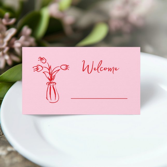 Tarjeta De Asiento Garganta de garrapatas rosadas Doodle Bridal Showe (pink and red hand drawn bridal shower place card with whimsical vase of flowers illustration)
