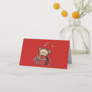Tarjeta De Asiento Gatito de dibujos animados lindo con corazones
