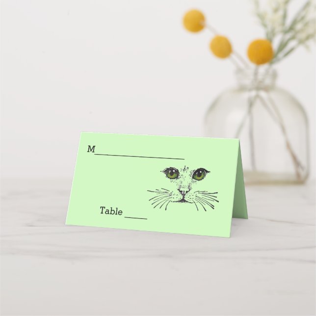 Tarjeta De Asiento Gato Cara Negro Dibujo Ojos Verdes Largos Whiskers (Anverso)
