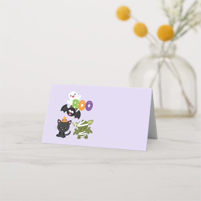 Tarjeta De Asiento Gato, murciélago, momia y fantasma de Halloween (Anverso)