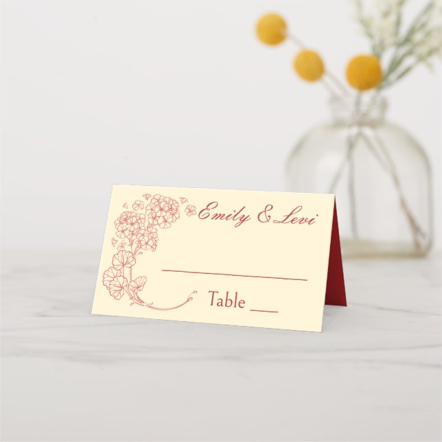Tarjeta De Asiento Geranios rojos en Boda pekinés (Anverso)