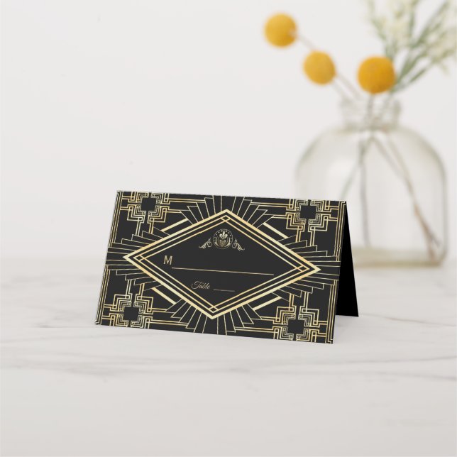 Tarjeta De Asiento Glam Gold Black Great Gatsby Boda (Anverso)
