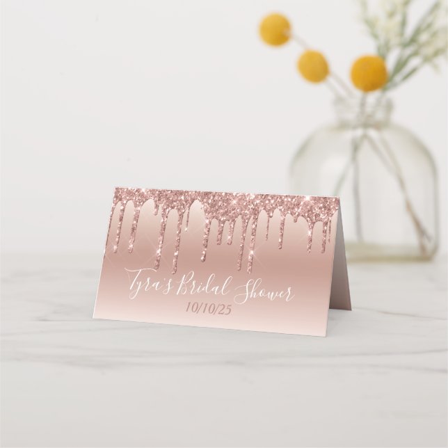 Tarjeta De Asiento Glam Rosa Gold Purpurina Drip Elegant Personalizad (Reverso)