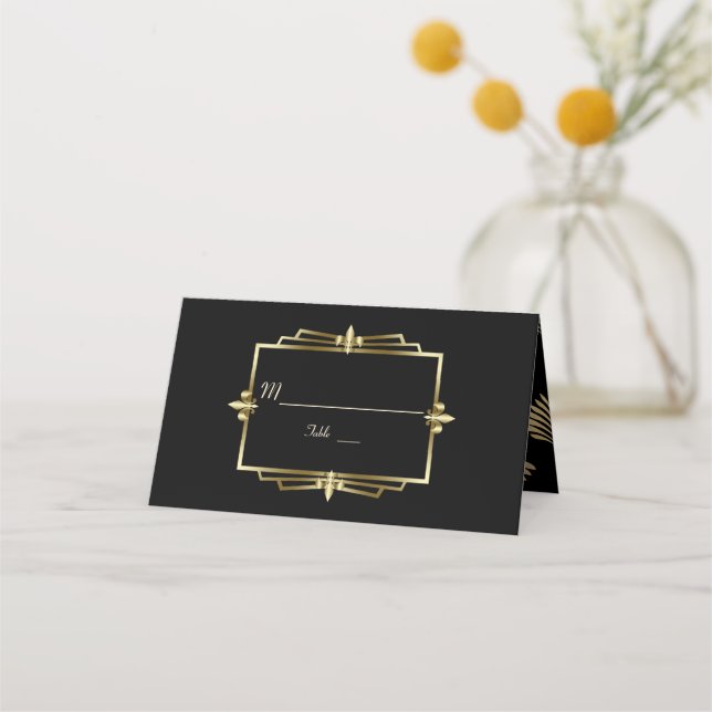 Tarjeta De Asiento Glam Royal Gold Boda del Art Deco Negro de los año (Anverso)