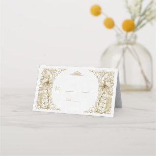 Tarjeta De Asiento Glam White Gold Art Deco Peacocks Boda