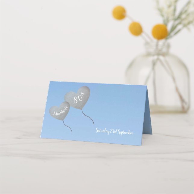Tarjeta De Asiento Globo plateado totalmente personalizable 80 cumple (Anverso)