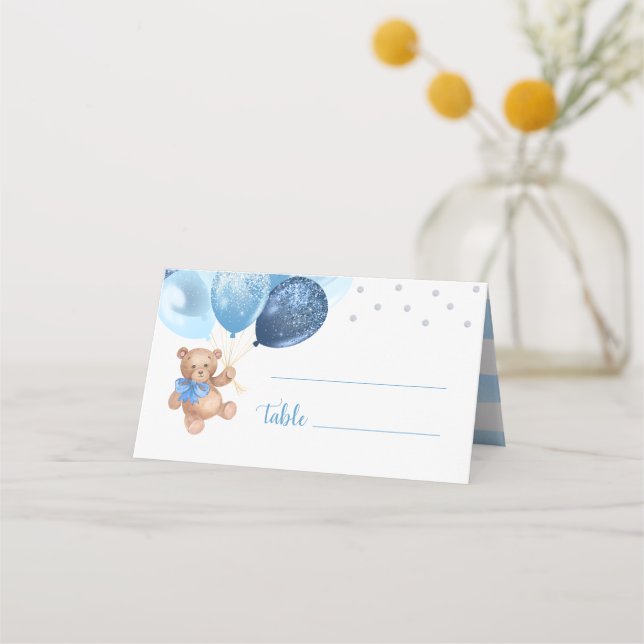 Tarjeta De Asiento Globos de plata azul Teddy Bear plegados Baby Show (Anverso)