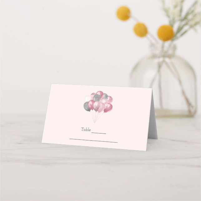 Tarjeta De Asiento Globos purpurinas rosa y plateado (Anverso)