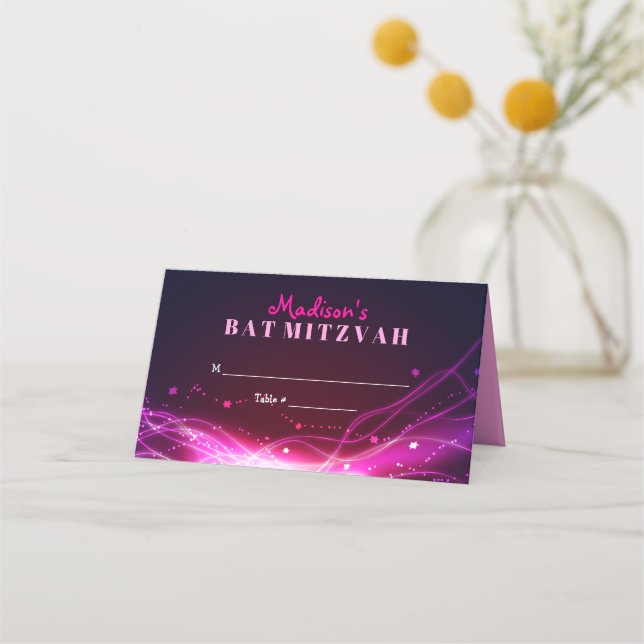 Tarjeta De Asiento GLOWING NEON STARS Bat Mitzvah Seating Escort (Anverso)