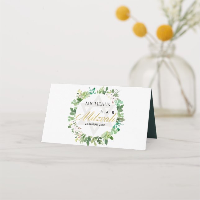 TARJETA DE ASIENTO GREEN GOLD FOLIAGE WREATH STAR BAR BAT MITZVAH (Reverso)