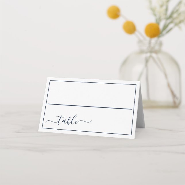 Tarjeta De Asiento Guión de caligrafía blanca azul de la marina Boda  (Anverso)