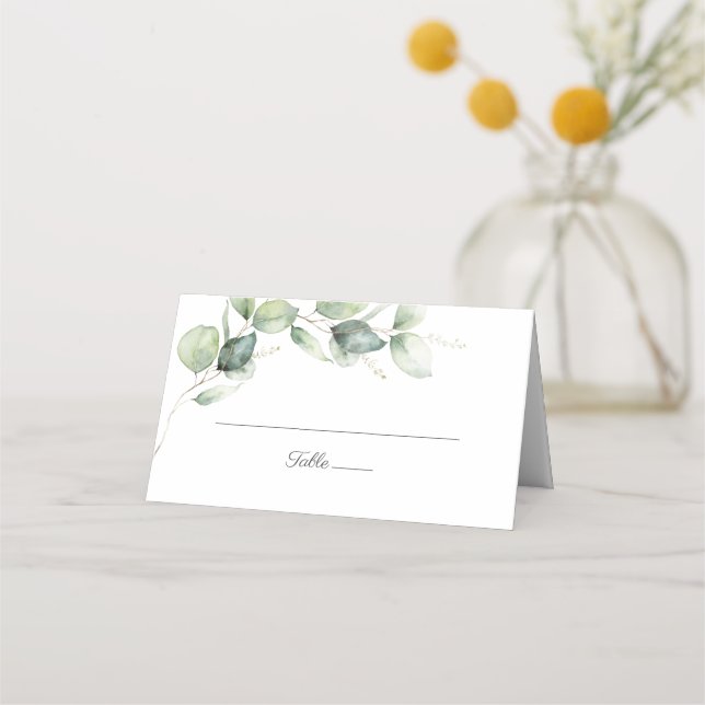 Tarjeta De Asiento Guión floral Eucalyptus Greenery Boda (Anverso)