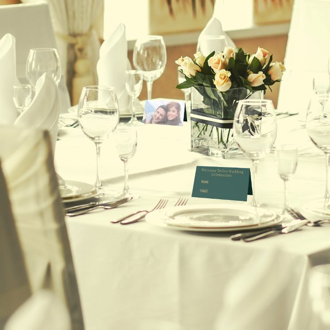 Tarjeta De Asiento Guión Y Foto Elegante De Oro | Boda verde (In Situ)