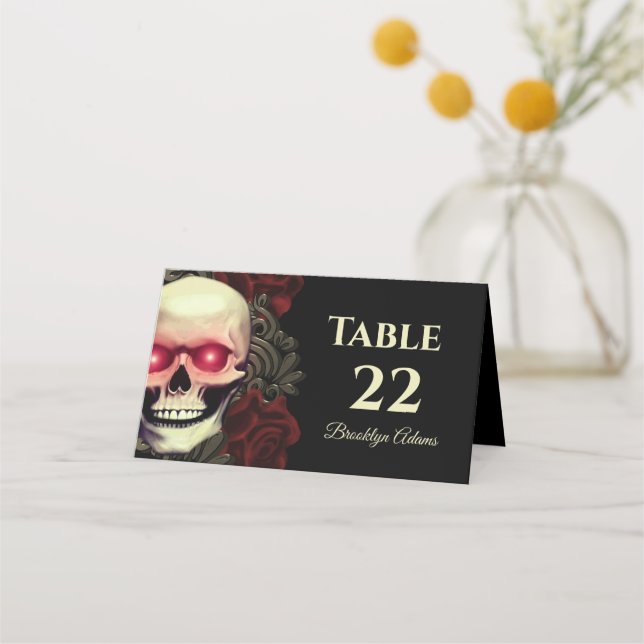 Tarjeta De Asiento Halloween de rosa roja floral negro con el cráneo  (Anverso)
