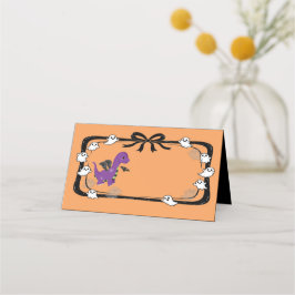 Tarjeta De Asiento Halloween Dinosaur With Bat Wings Orange