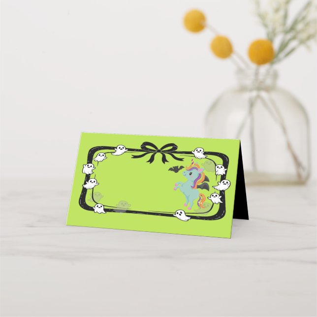 Tarjeta De Asiento Halloween Unicorn Greeting Bat Place Card (Anverso)