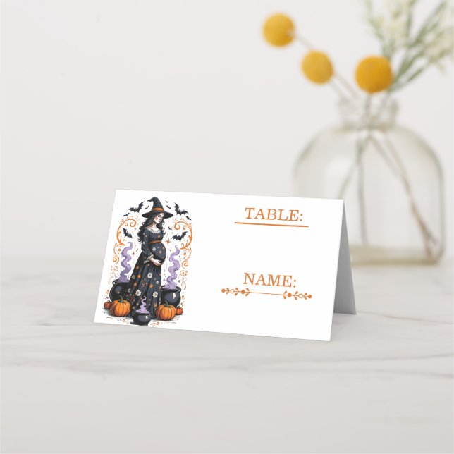 Tarjeta De Asiento Halloween Witch Baby Shower - Triplets Are Brewing (Anverso)