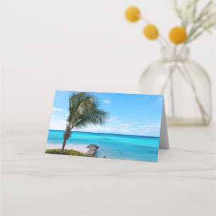 Tarjeta De Asiento Hermoso árbol de palma tropical ventoso en la play