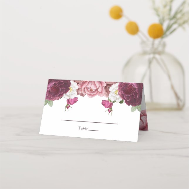 Tarjeta De Asiento Hermoso Boda Floral Borgoña (Anverso)