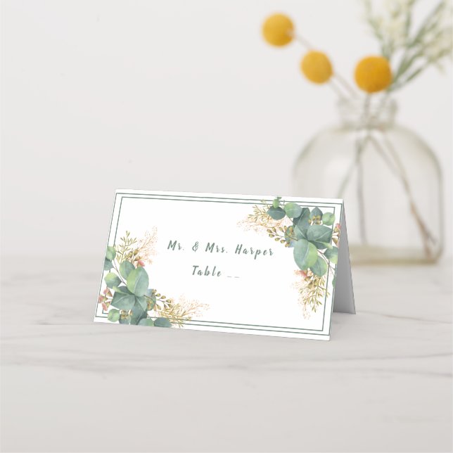 Tarjeta De Asiento Hermoso Eucalipto Acuarela con Filigrana de Oro (Anverso)